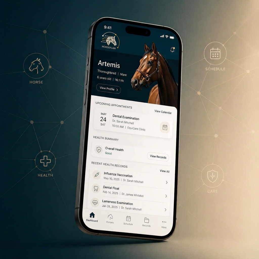 Aplicativo Horseplan aberto em um celular, mostrando prontuário digital de um cavalo, agenda de atendimentos e histórico de saúde.